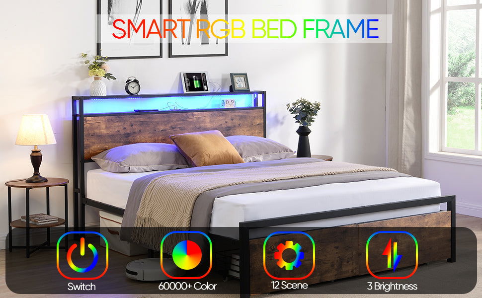 Queen Size Bed Frame with Storage Headboard and 2 Drawers, LED Lights Bed with Charging Station, Metal Platform Bed No Noise, Mattress Foundation Strong Metal Slats Support No Box Spring Needed himalipasal