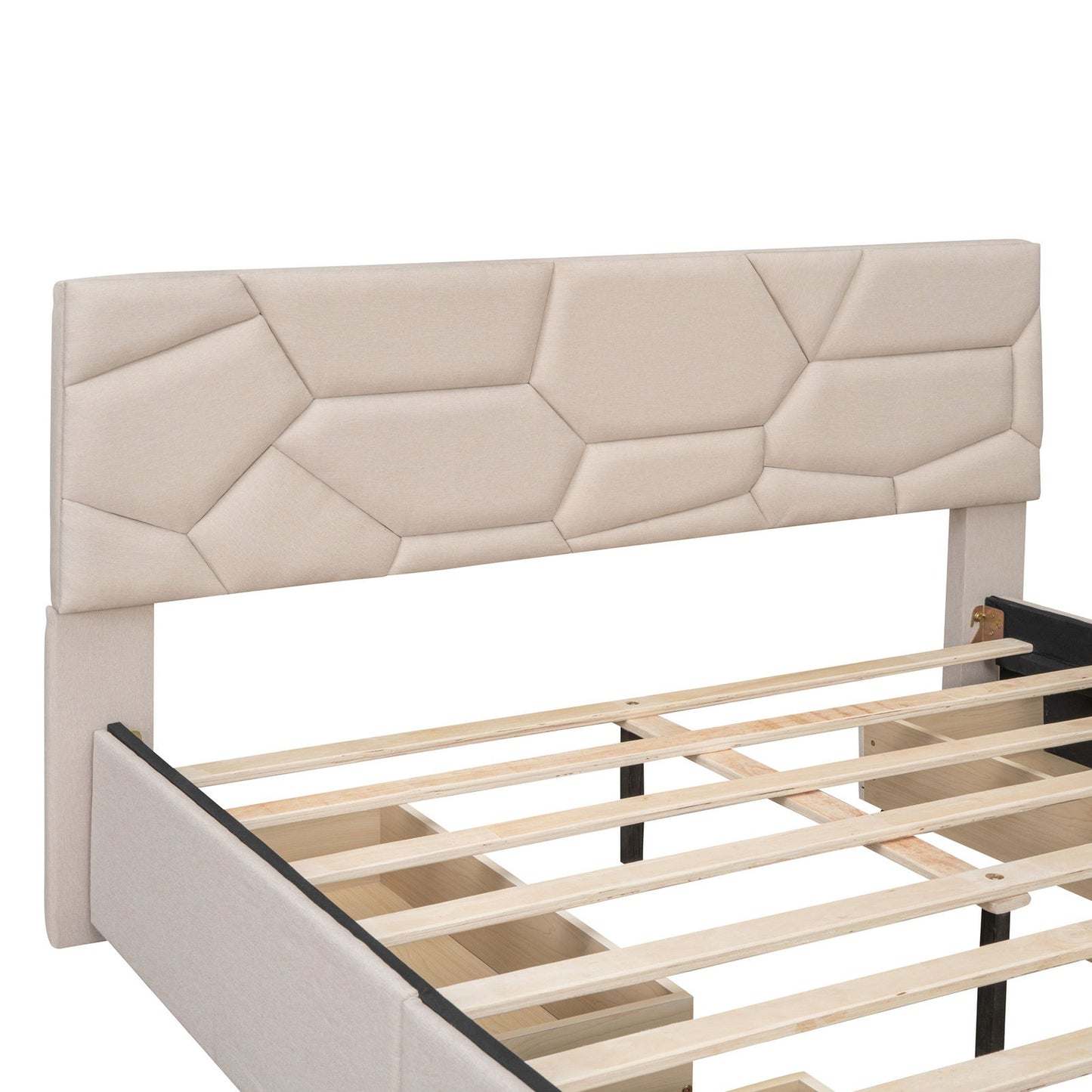 Queen Size Upholstered Platform Bed with Brick Pattern Headboard and 4 Drawers, Linen Fabric, Beige himalipasal