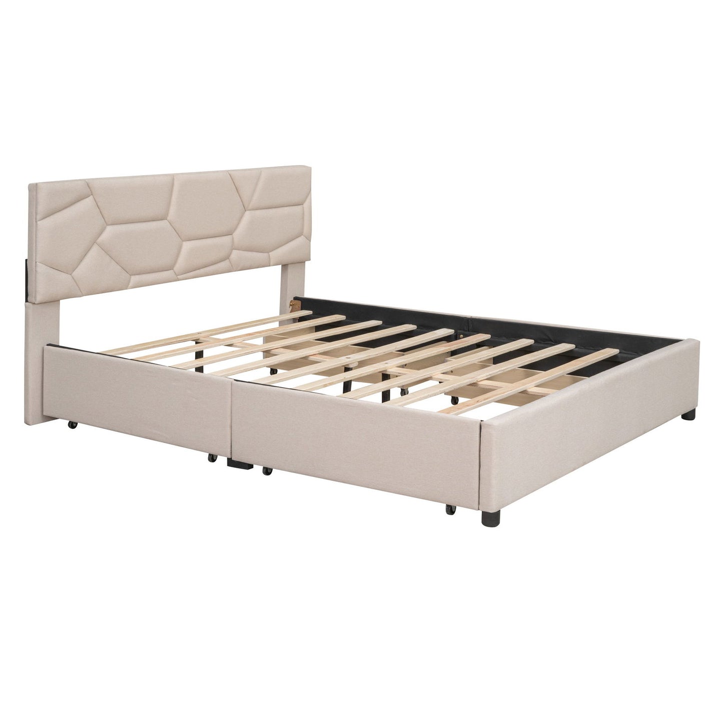 Queen Size Upholstered Platform Bed with Brick Pattern Headboard and 4 Drawers, Linen Fabric, Beige himalipasal