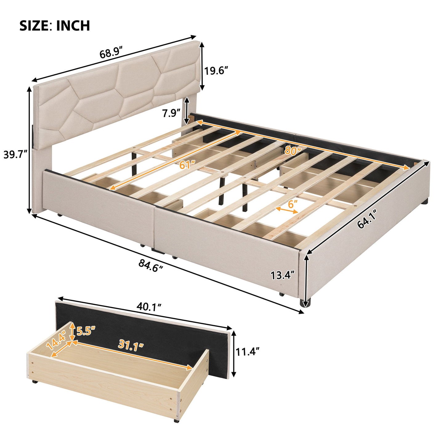 Queen Size Upholstered Platform Bed with Brick Pattern Headboard and 4 Drawers, Linen Fabric, Beige himalipasal