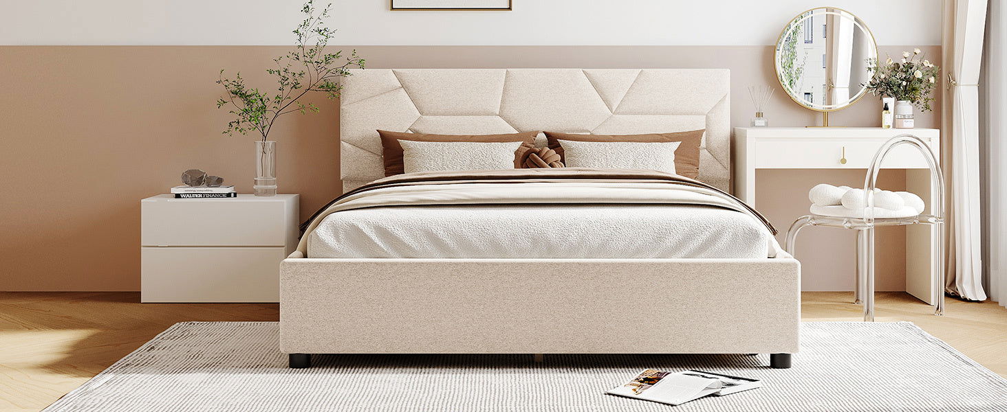 Queen Size Upholstered Platform Bed with Brick Pattern Headboard and 4 Drawers, Linen Fabric, Beige himalipasal