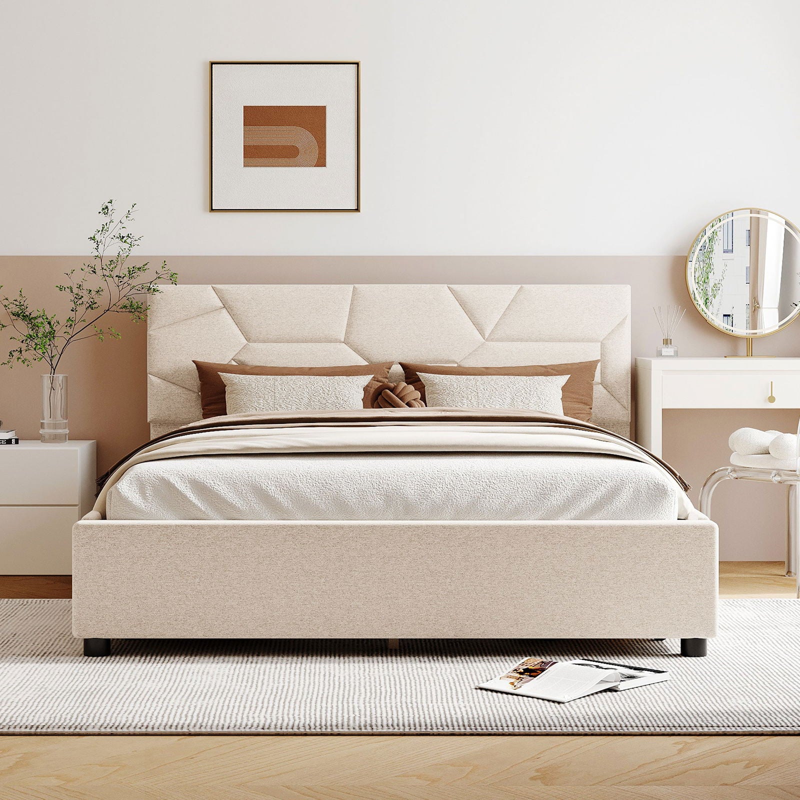 Queen Size Upholstered Platform Bed with Brick Pattern Headboard and 4 Drawers, Linen Fabric, Beige himalipasal