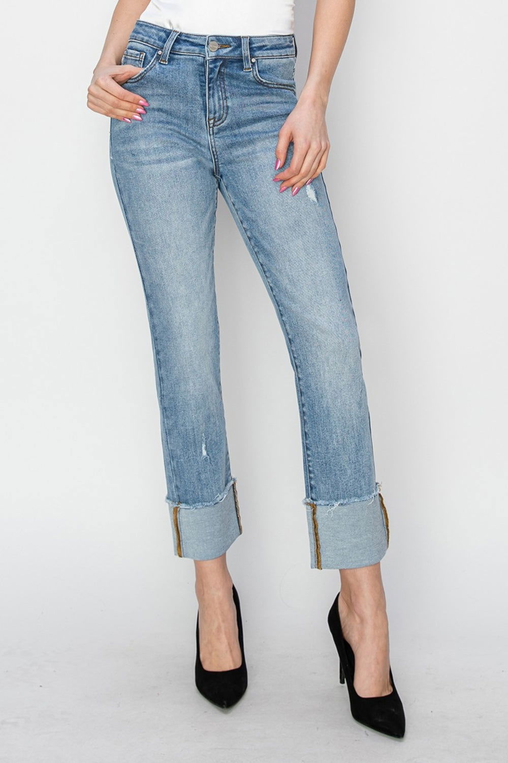 RISEN Full Size High Rise Cuffed Slim Straight Jeans himalipasal