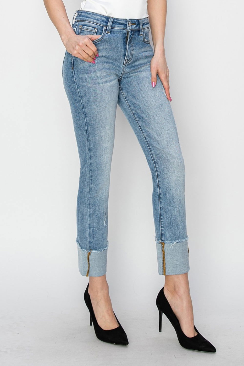 RISEN Full Size High Rise Cuffed Slim Straight Jeans himalipasal