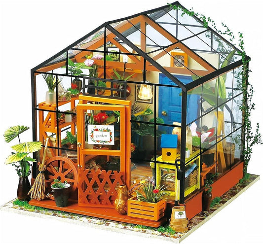 ROBOTIME DIY Dollhouse Wooden Miniature Furniture Kit Mini Green House with LED Best Birthday Gifts himalipasal