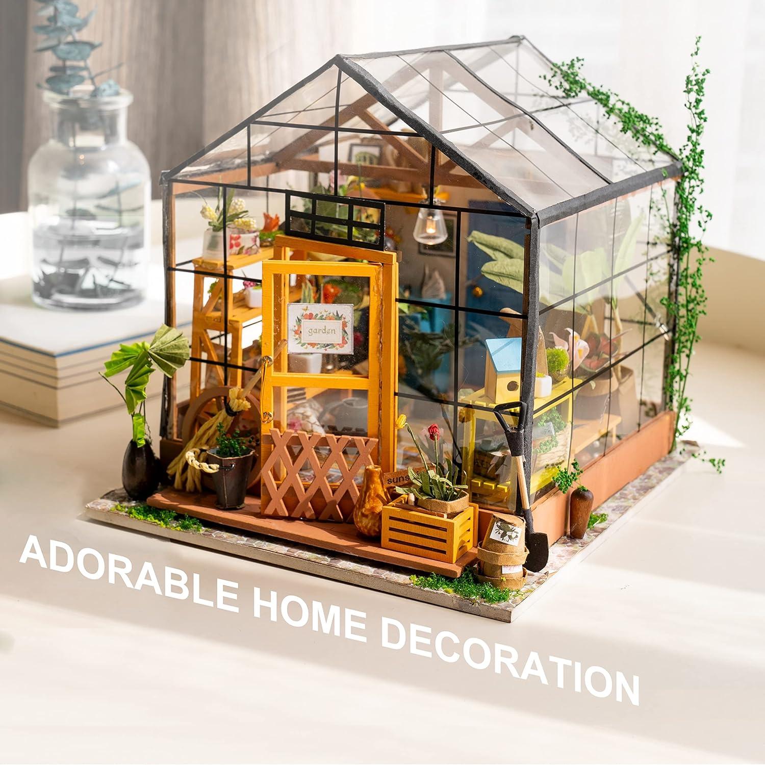 ROBOTIME DIY Dollhouse Wooden Miniature Furniture Kit Mini Green House with LED Best Birthday Gifts himalipasal