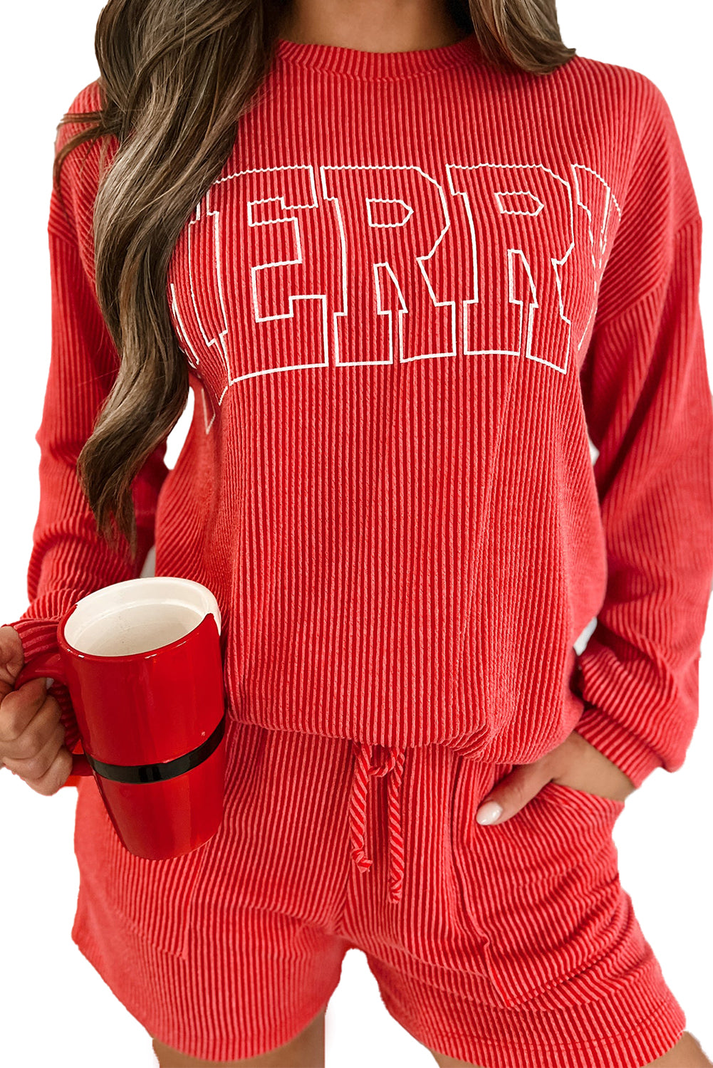 Racing Red Corded MERRY Long Sleeve Top and Shorts Pajama Set himalipasal