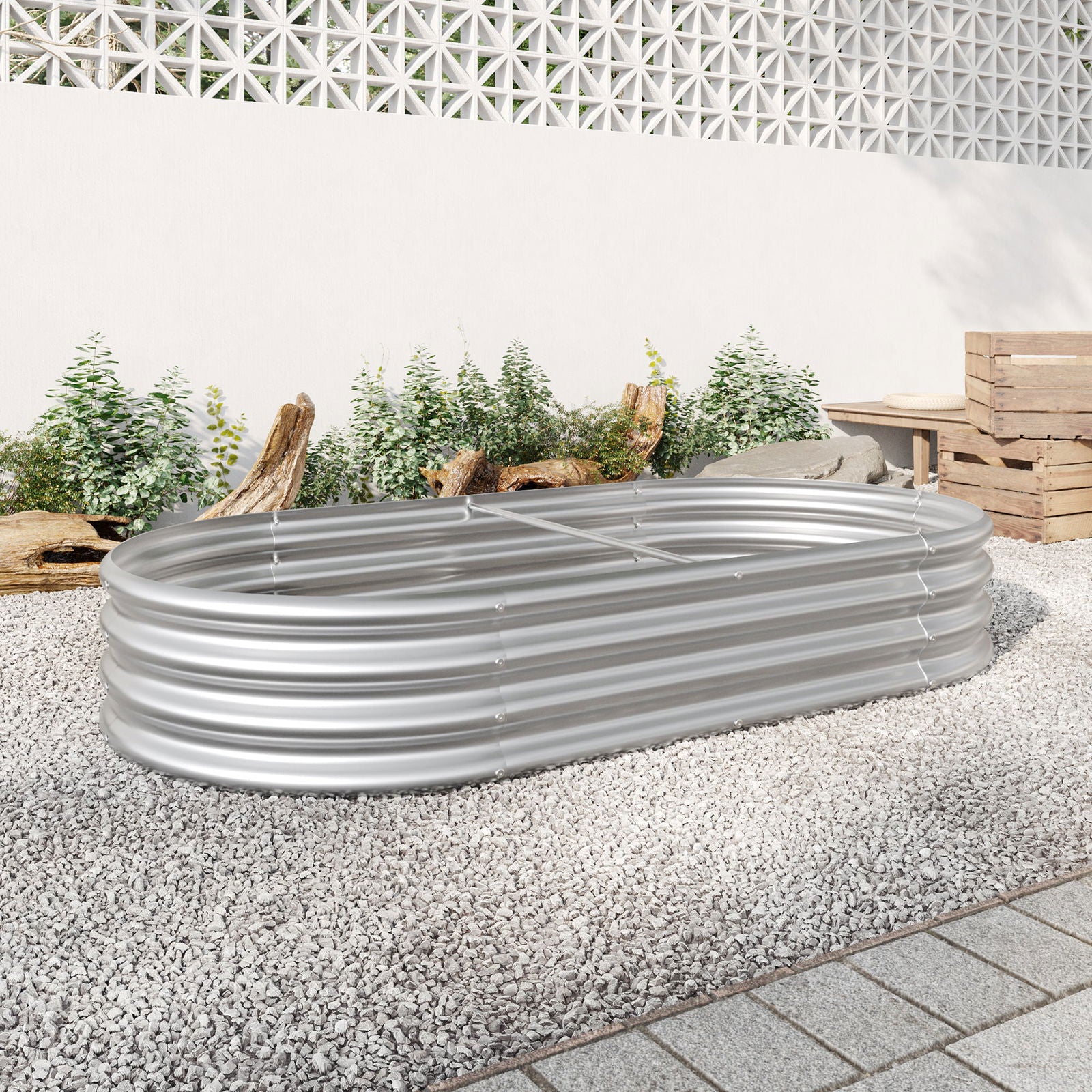 Raised Garden Bed Outdoor, Oval Large Metal Raised Planter Bed for for Plants, Vegetables, and Flowers - Silver himalipasal