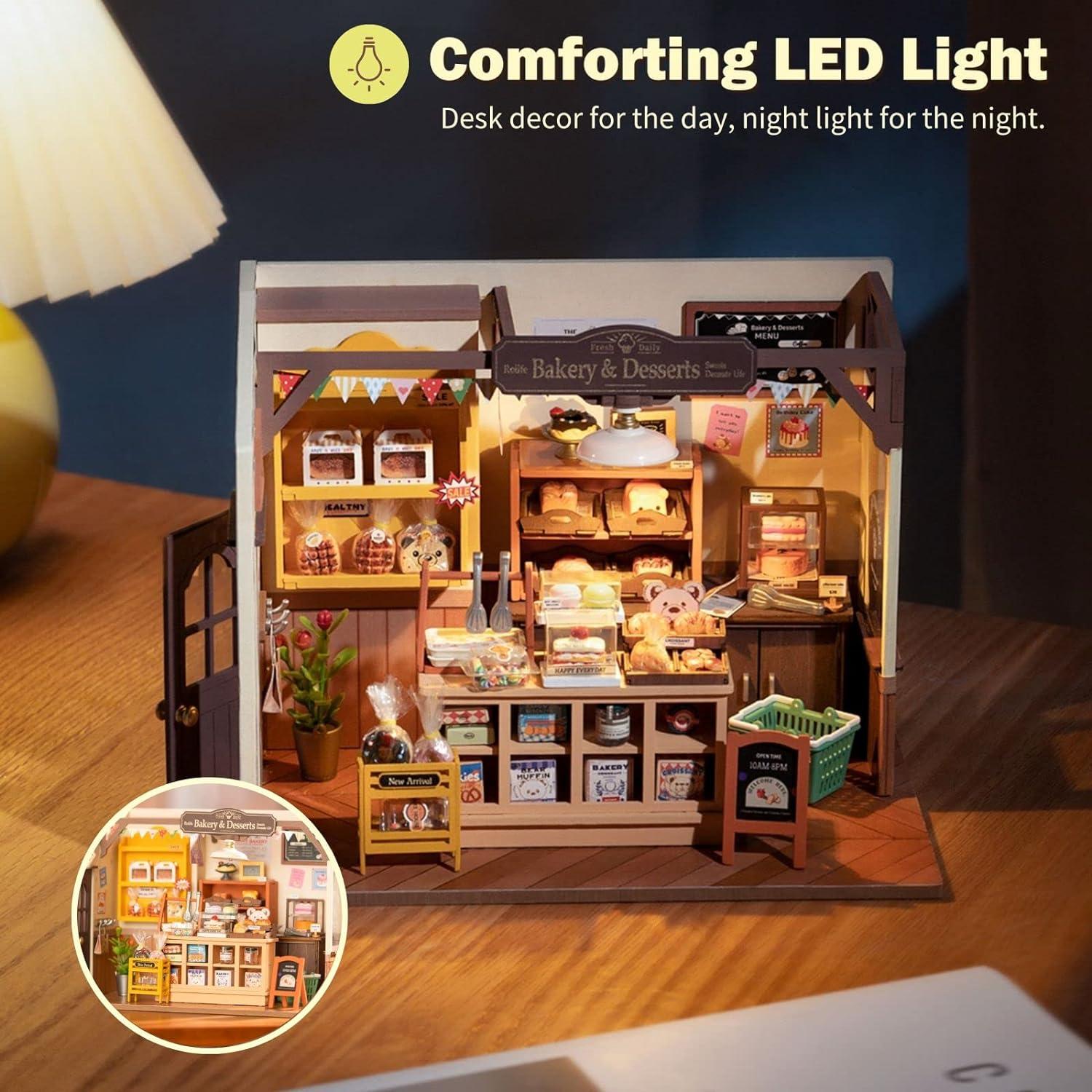 Rolife DIY Miniature Doll House Kit, Build Becka's Bakery Diorama House Building Set with LED Room Hobby Craft for Aduls Uniue Gifts for Teens himalipasal