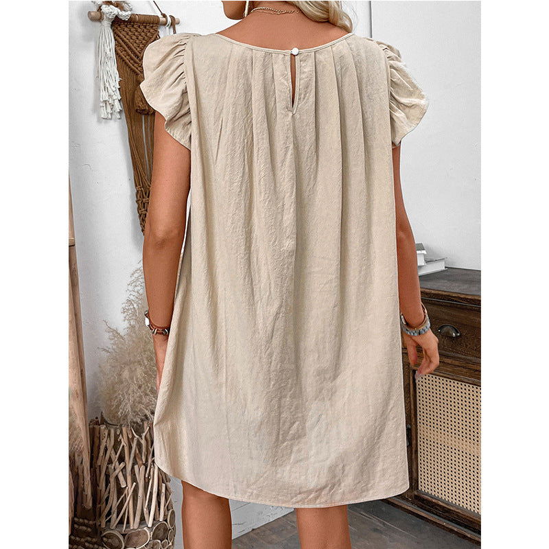 Round Neck Dress Solid Color Mid Dress Summer Ruffles Solid Color Round Neck Loose Mid Dress Women himalipasal