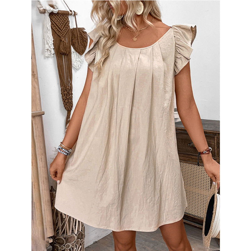 Round Neck Dress Solid Color Mid Dress Summer Ruffles Solid Color Round Neck Loose Mid Dress Women himalipasal