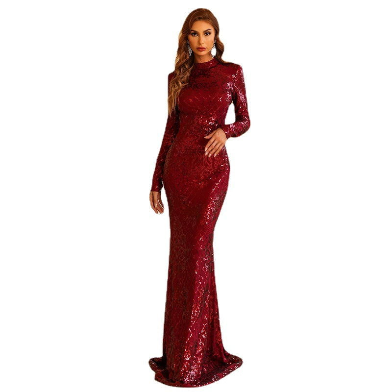 Round Neck Long Sleeve Red Wedding Elegant High-End Socialite Mopping Dress Sexy Evening Dress Prom Formal Gown himalipasal