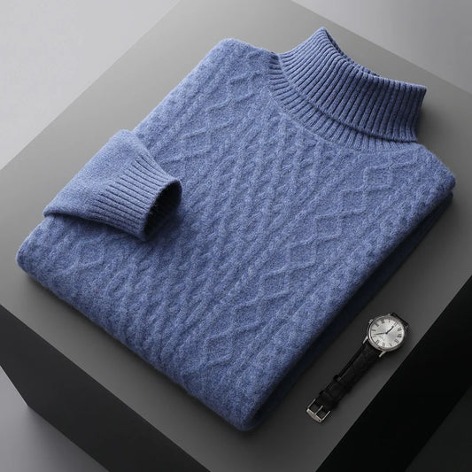 100% merino wool autumn and winter New men's high-necked double-stranded thick jacquard pullover sweater knitted bottoming shirt