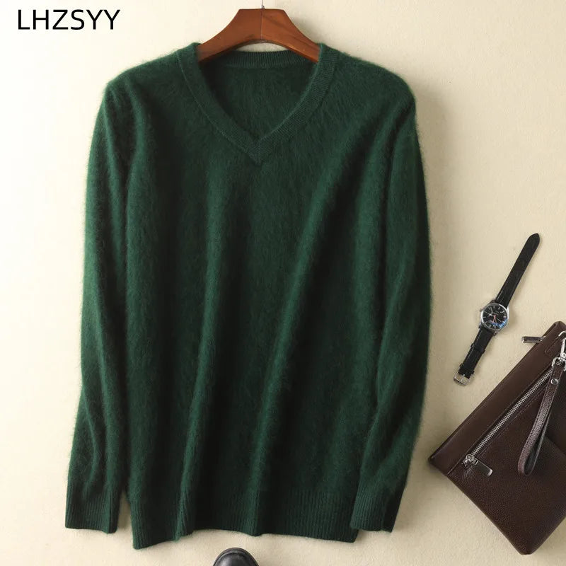 LHZSYY Men's 100% Mink Cashmere Large Size Sweaters Autumn Winter Solid V-neck Casual Knit Pullovers Men Long Sleeve Warm Jumper