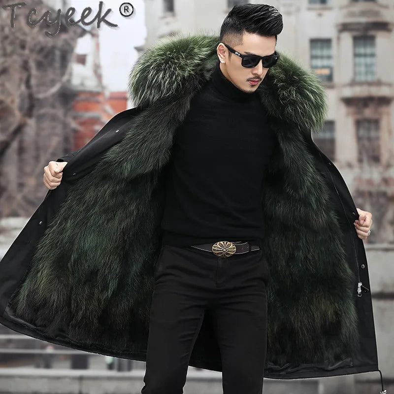 Tcyeek Fox Fur Lined Long Parka Real Fur Coat Winter Jackets for Men Clothing Coldproof Men's Coats Liner Detachable Streetwear