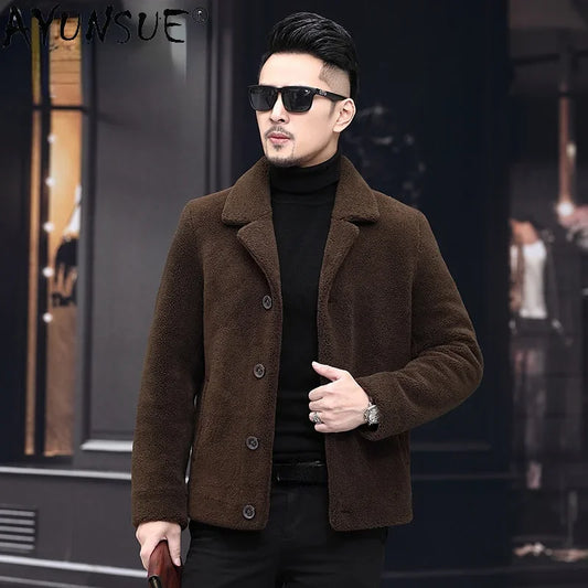 AYUNSUE Winter 100% Sheep Shearing Jacket Men Real Fur Coats Male Short Warm Wool Jackets Mens Outwear New  Manteau Homme SQQ731