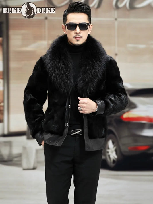 Business Man Winter Party Raccoon Fur Collar Outwear Coat Luxury Real Mink Fur Jacket Leather Patchwork Male Natural Fur Jacket