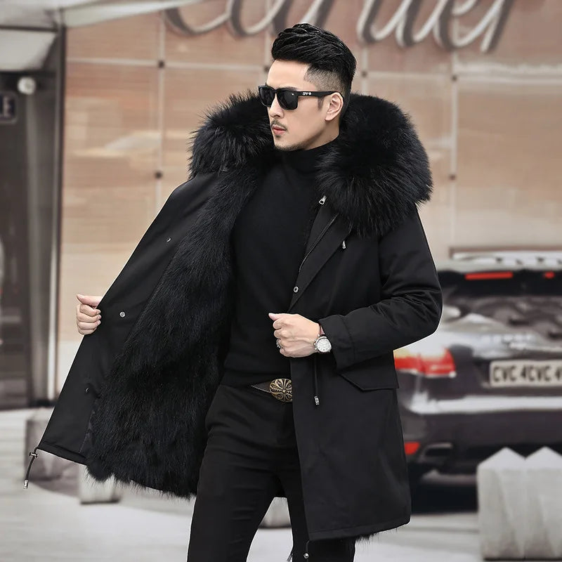 Tcyeek Fox Fur Lined Long Parka Real Fur Coat Winter Jackets for Men Clothing Coldproof Men's Coats Liner Detachable Streetwear