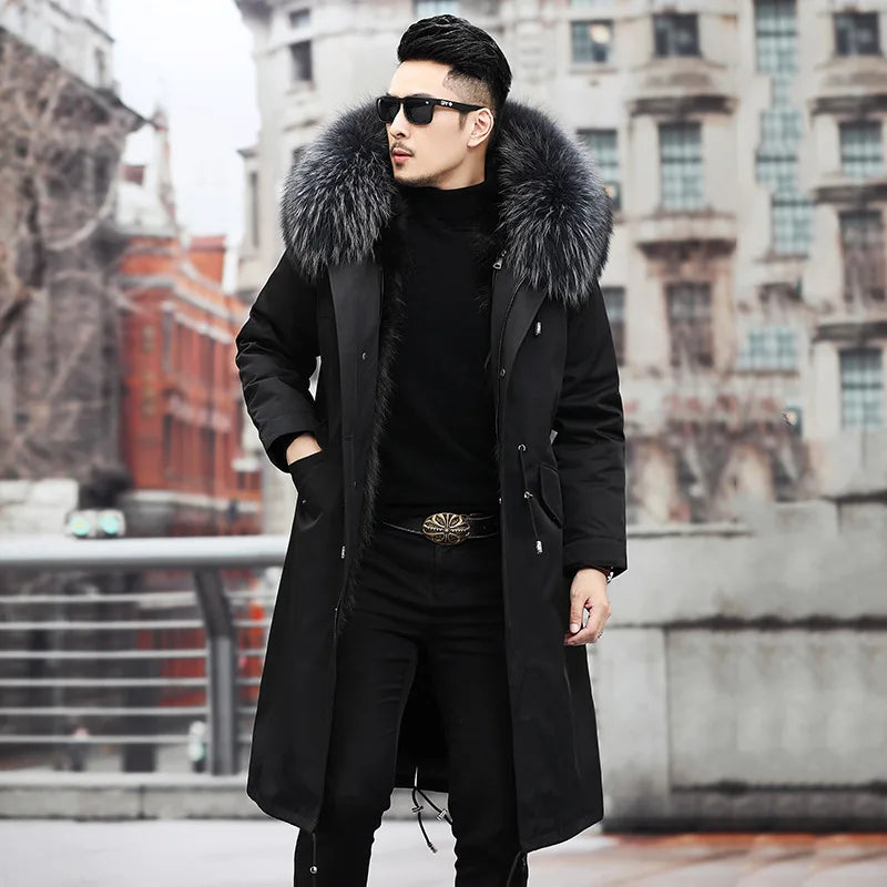 Tcyeek Fox Fur Lined Long Parka Real Fur Coat Winter Jackets for Men Clothing Coldproof Men's Coats Liner Detachable Streetwear