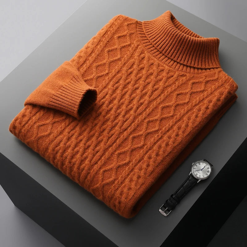 100% merino wool autumn and winter New men's high-necked double-stranded thick jacquard pullover sweater knitted bottoming shirt