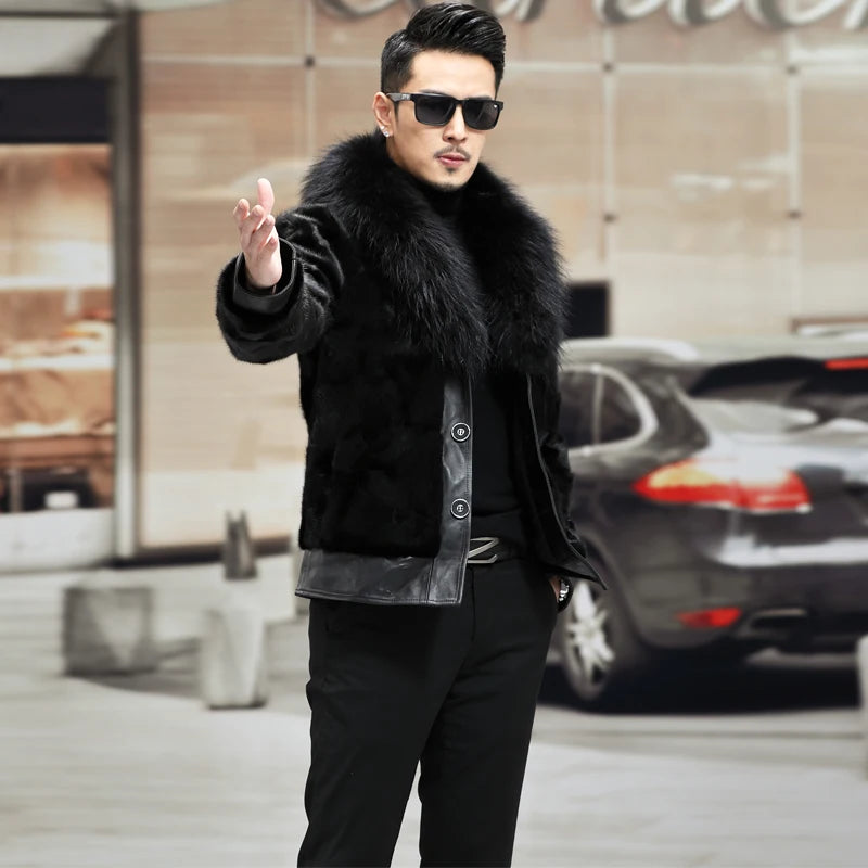 Business Man Winter Party Raccoon Fur Collar Outwear Coat Luxury Real Mink Fur Jacket Leather Patchwork Male Natural Fur Jacket