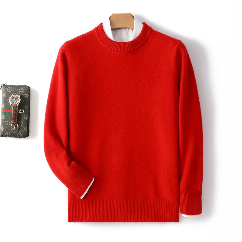 Men's 100% Pure Wool Cashmere Sweater O-Neck Pullover Knit Sweater Autumn and Winter New Long Sleeve High-End Jumpers Thick Tops