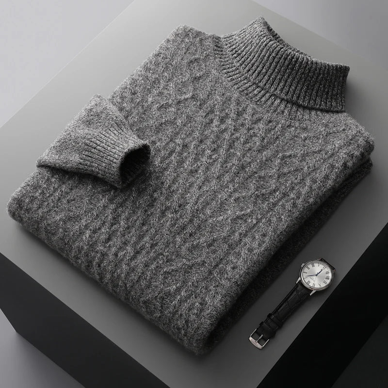 100% merino wool autumn and winter New men's high-necked double-stranded thick jacquard pullover sweater knitted bottoming shirt