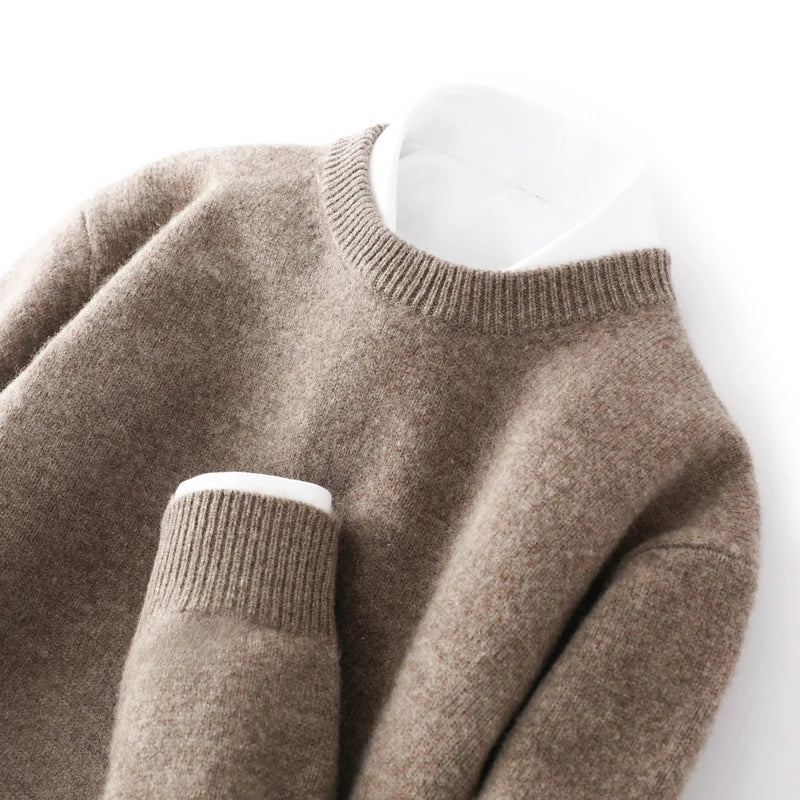 Men's 100% Pure Wool Cashmere Sweater O-Neck Pullover Knit Sweater Autumn and Winter New Long Sleeve High-End Jumpers Thick Tops