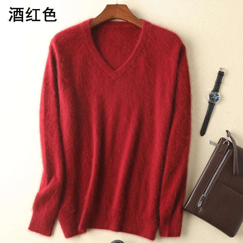 LHZSYY Men's 100% Mink Cashmere Large Size Sweaters Autumn Winter Solid V-neck Casual Knit Pullovers Men Long Sleeve Warm Jumper