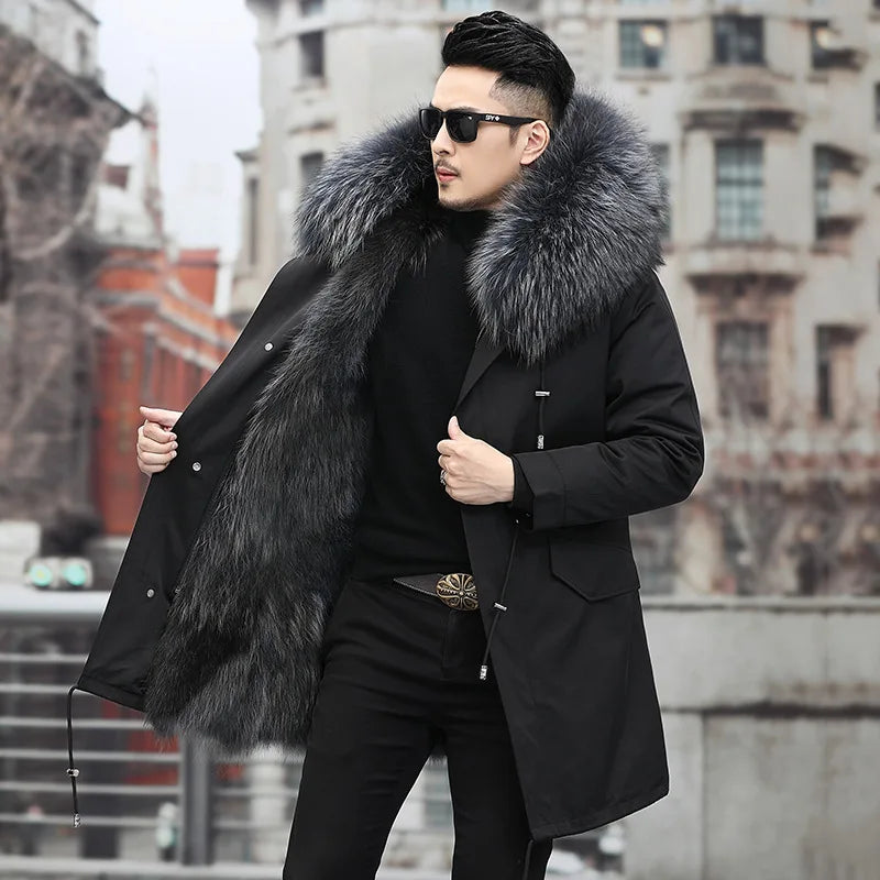 Tcyeek Fox Fur Lined Long Parka Real Fur Coat Winter Jackets for Men Clothing Coldproof Men's Coats Liner Detachable Streetwear