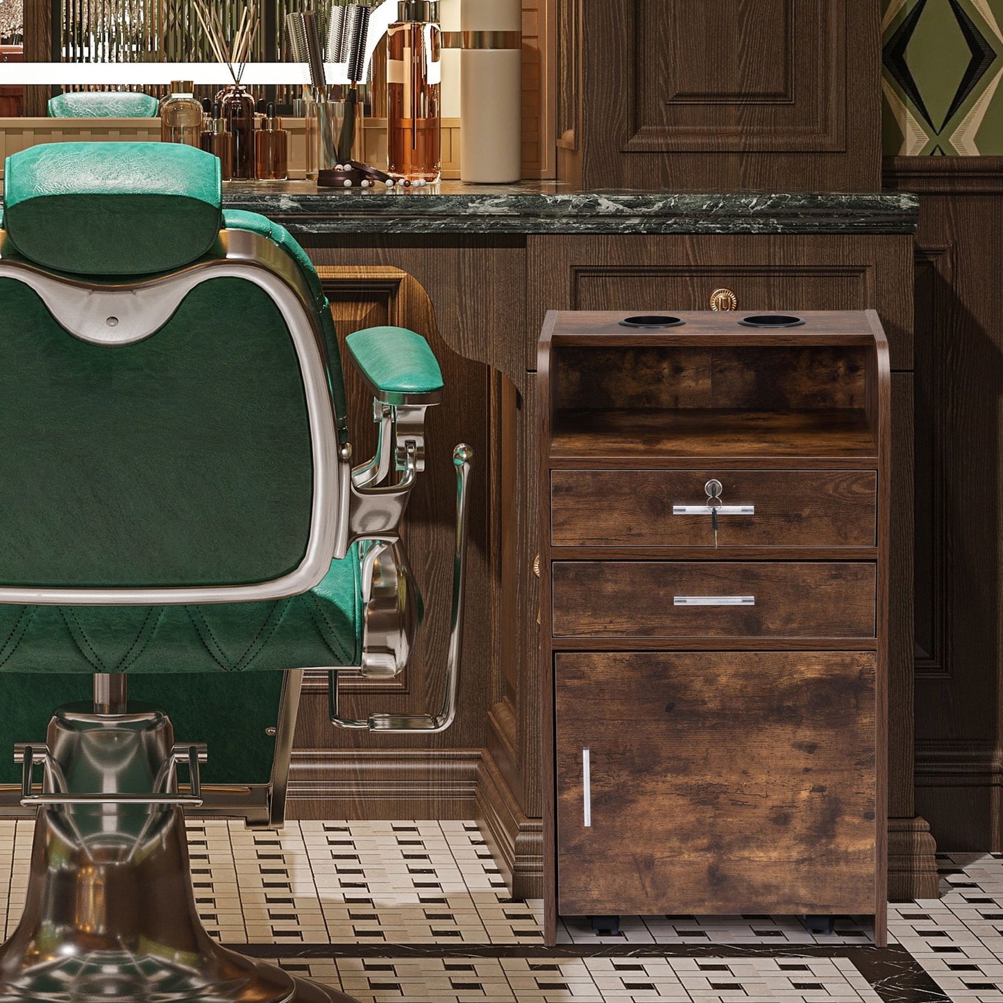 Salon Station, Hair Styling Station with Drawers, Cabinet and Hair Dryer Holders, Rustic Brown himalipasal