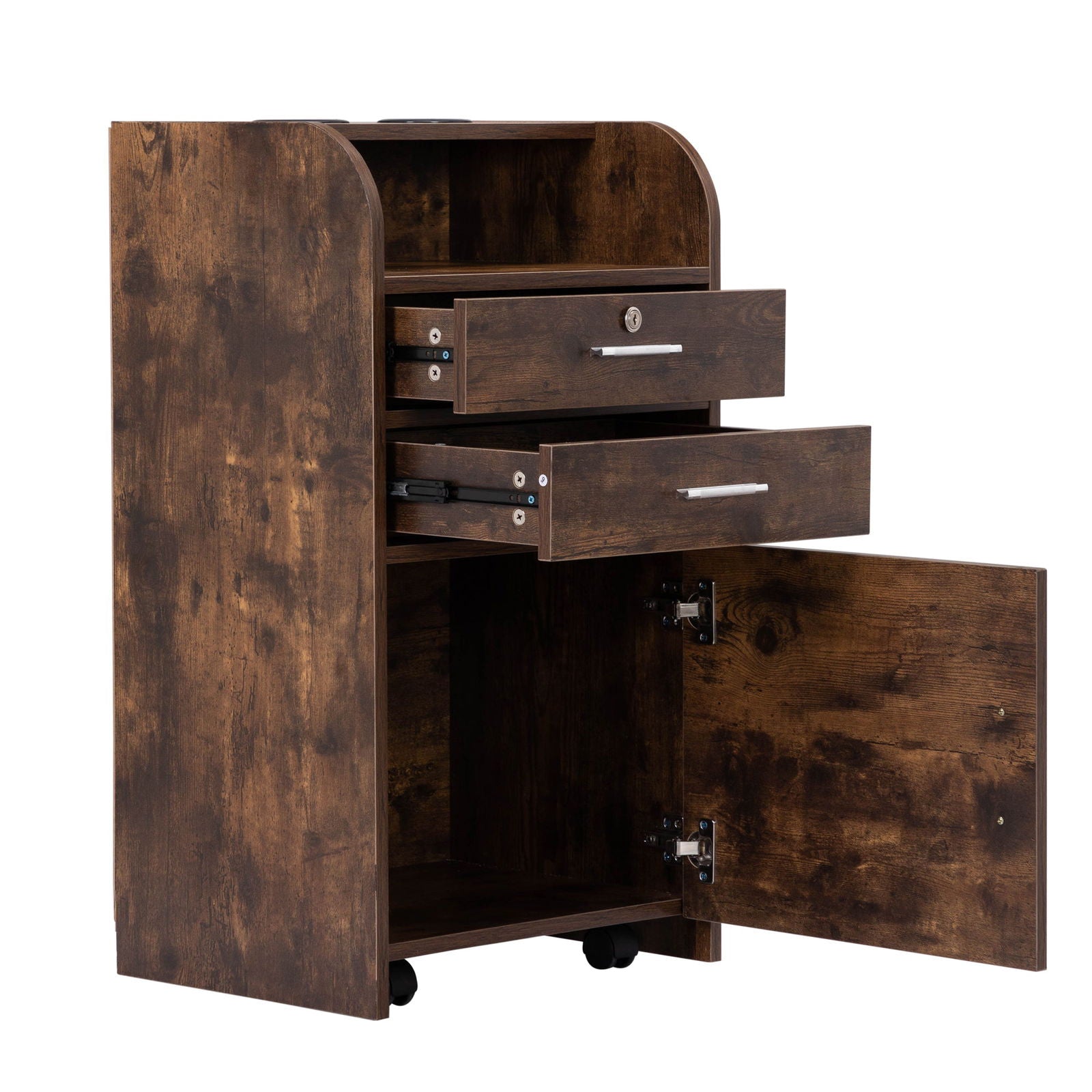 Salon Station, Hair Styling Station with Drawers, Cabinet and Hair Dryer Holders, Rustic Brown himalipasal