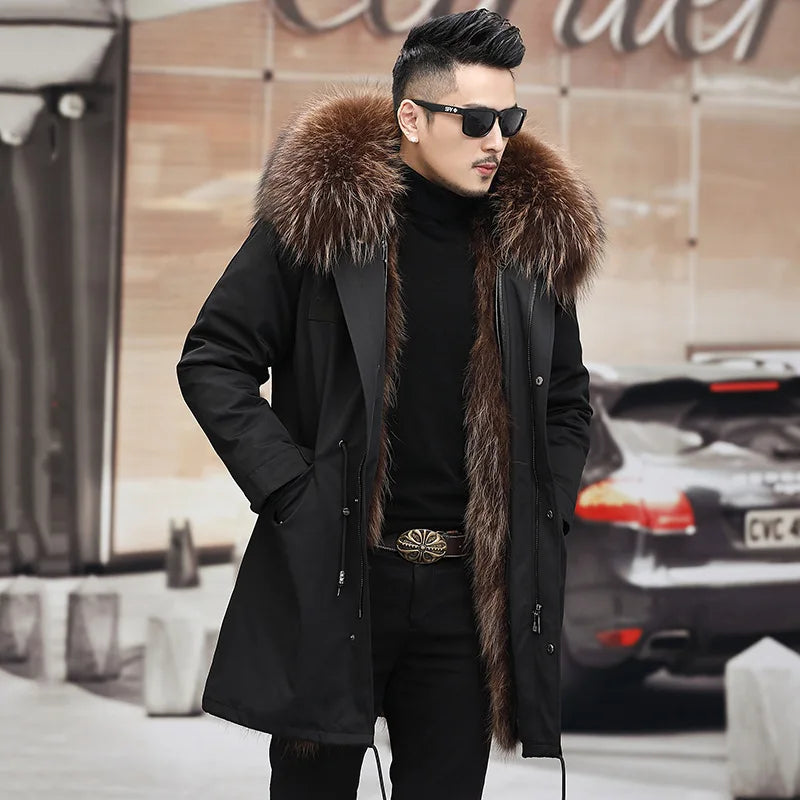 Tcyeek Fox Fur Lined Long Parka Real Fur Coat Winter Jackets for Men Clothing Coldproof Men's Coats Liner Detachable Streetwear