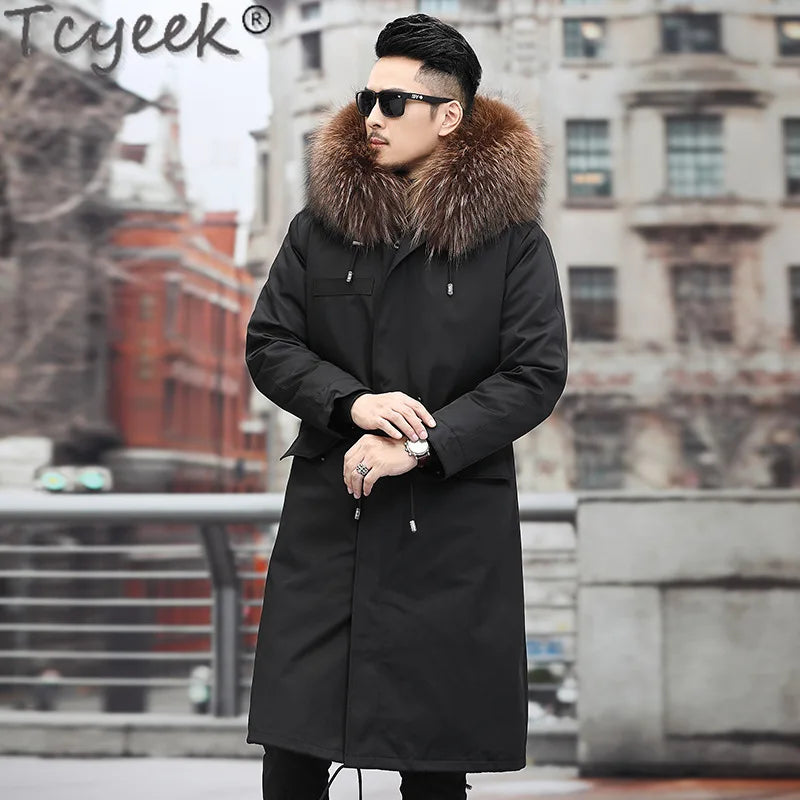 Tcyeek Fox Fur Lined Long Parka Real Fur Coat Winter Jackets for Men Clothing Coldproof Men's Coats Liner Detachable Streetwear