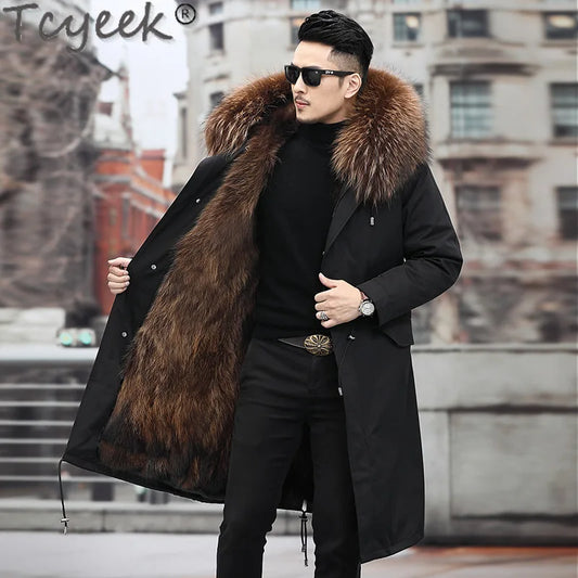 Tcyeek Fox Fur Lined Long Parka Real Fur Coat Winter Jackets for Men Clothing Coldproof Men's Coats Liner Detachable Streetwear