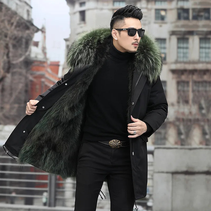 Tcyeek Fox Fur Lined Long Parka Real Fur Coat Winter Jackets for Men Clothing Coldproof Men's Coats Liner Detachable Streetwear