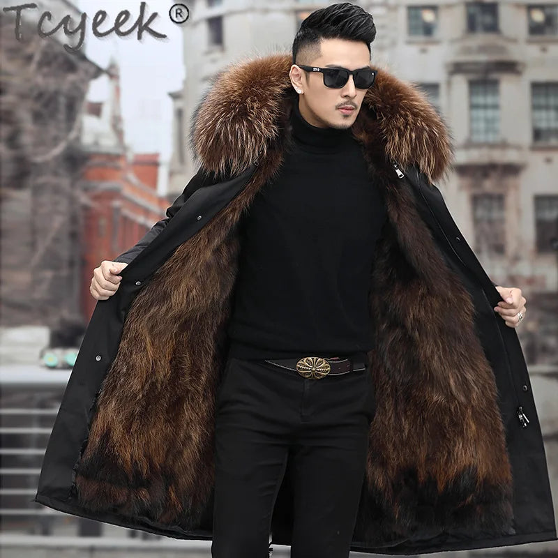 Tcyeek Fox Fur Lined Long Parka Real Fur Coat Winter Jackets for Men Clothing Coldproof Men's Coats Liner Detachable Streetwear