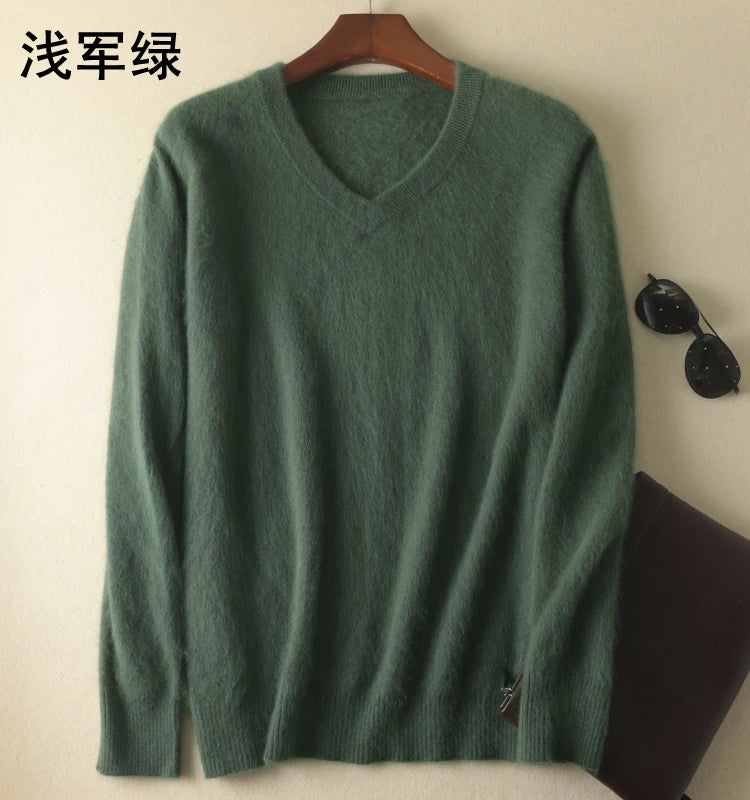 LHZSYY Men's 100% Mink Cashmere Large Size Sweaters Autumn Winter Solid V-neck Casual Knit Pullovers Men Long Sleeve Warm Jumper