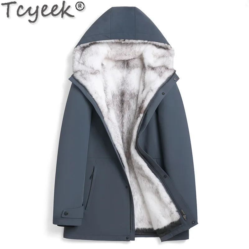 Tcyeek Natural Cross Mink Fur Coat Men Hooded Winter Mens Clothes Mid-length Parka Warm Real Fur Coats 2024 Куртка Мужская