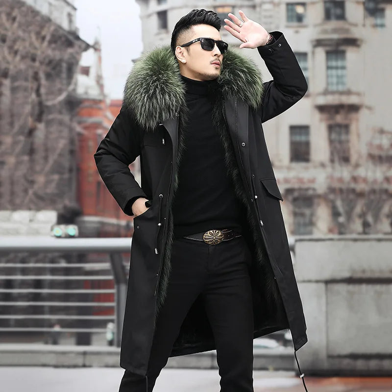 Tcyeek Fox Fur Lined Long Parka Real Fur Coat Winter Jackets for Men Clothing Coldproof Men's Coats Liner Detachable Streetwear