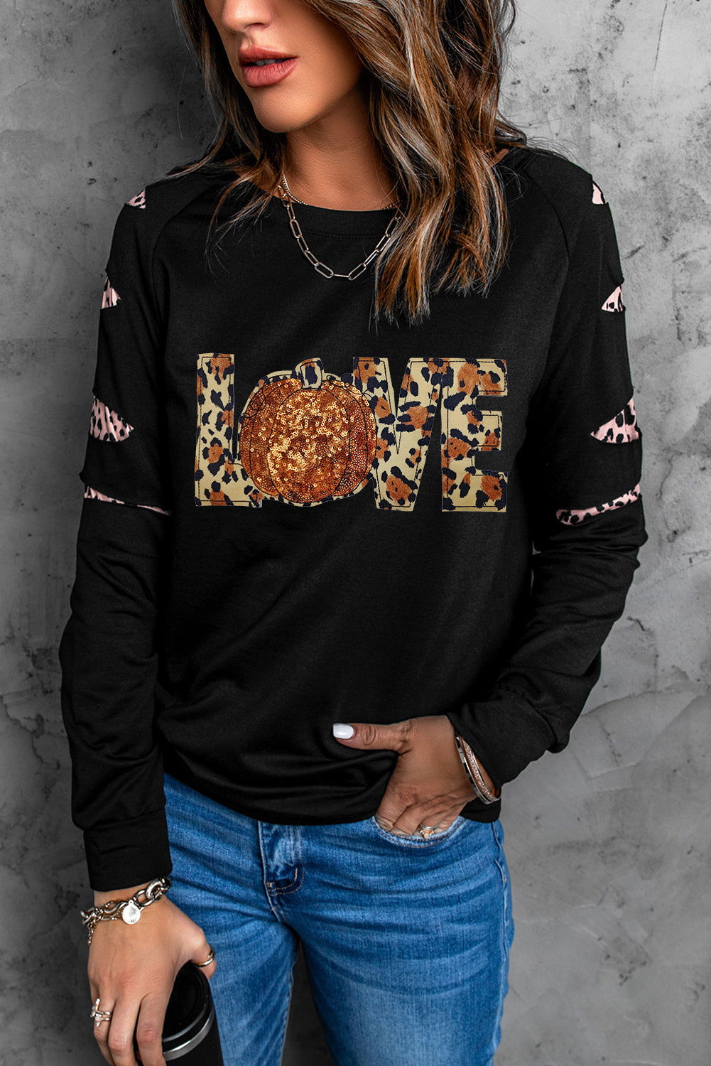 Sequin Leopard Long Sleeve Sweatshirt himalipasal