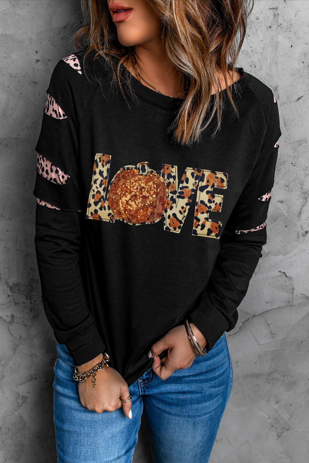 Sequin Leopard Long Sleeve Sweatshirt himalipasal