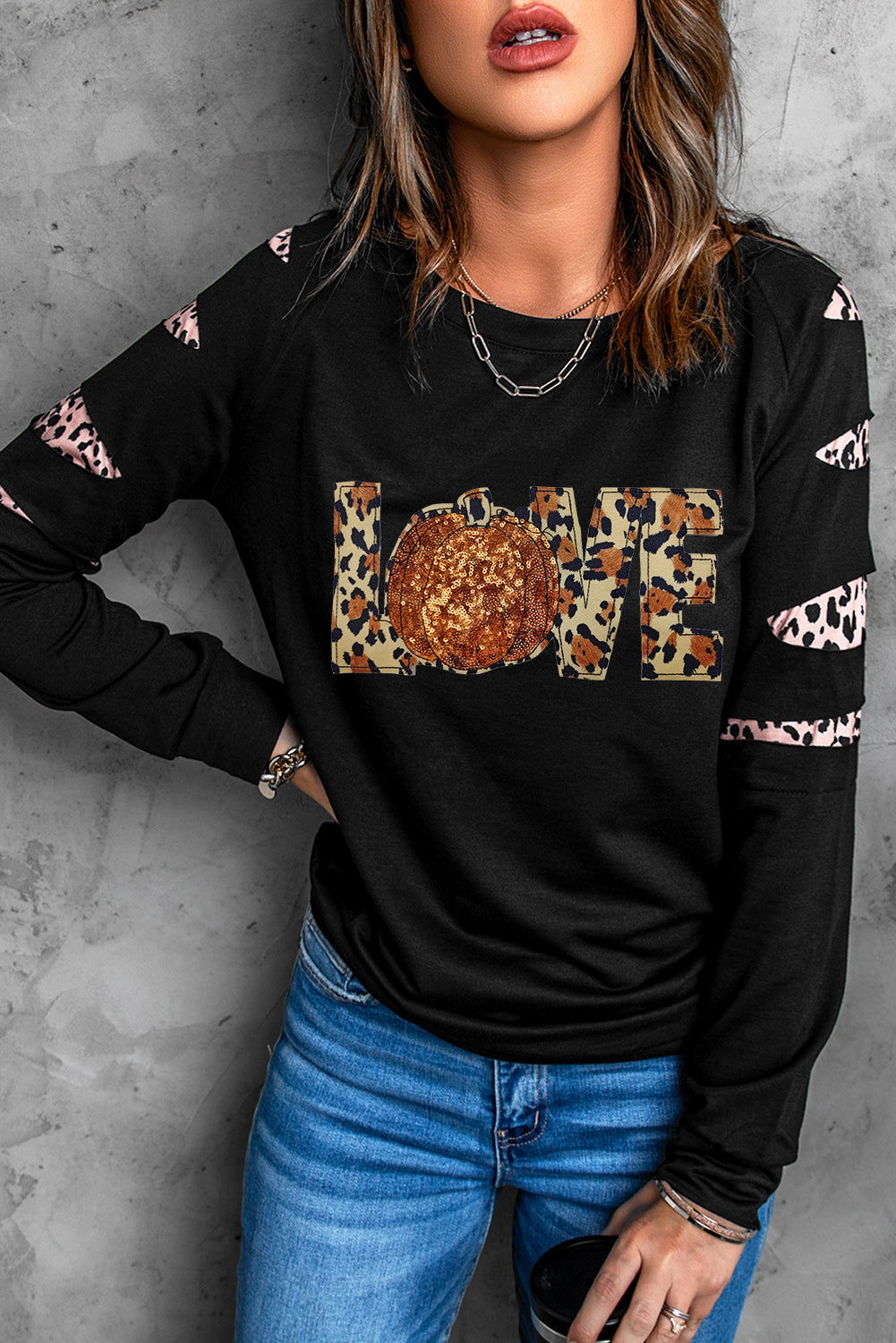 Sequin Leopard Long Sleeve Sweatshirt himalipasal