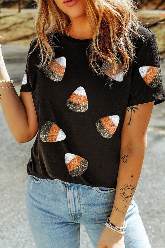 Sequin Round Neck Short Sleeve T-Shirt himalipasal