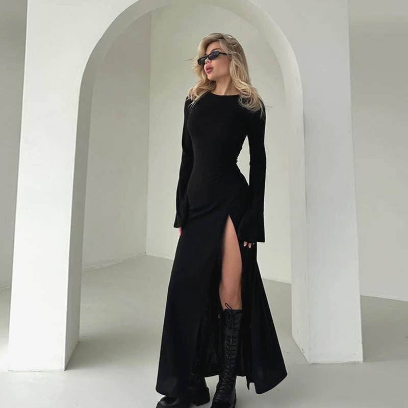 Sexy Slit Micro Pull Long Sleeved Collar Dress Women Socialite Fashionable Elegant Slim Fit Sheath Dress himalipasal