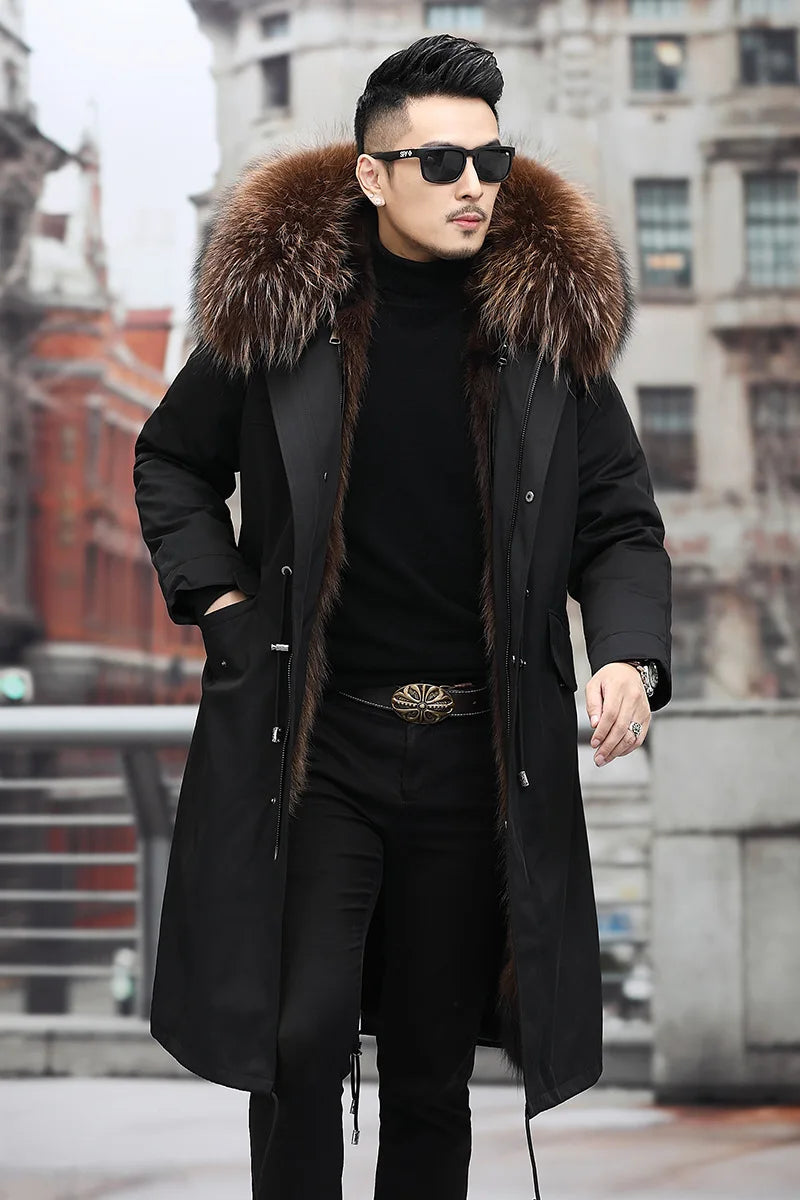 Tcyeek Fox Fur Lined Long Parka Real Fur Coat Winter Jackets for Men Clothing Coldproof Men's Coats Liner Detachable Streetwear