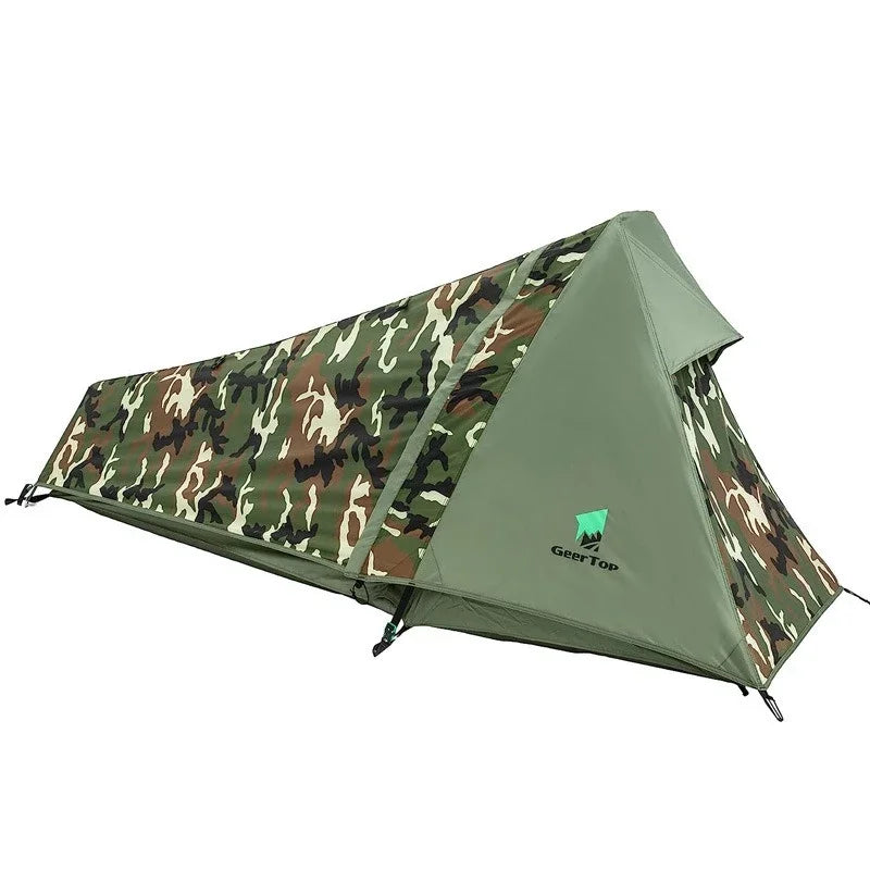 Single Person Camouflage Green Hiking Tent Outdoor Camping Sports Equipment Waterproof Pyramid Mountaineering Aluminum Pole himalipasal