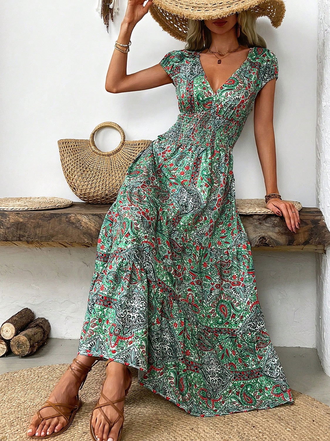 Smocked Printed Cap Sleeve Midi Dress himalipasal