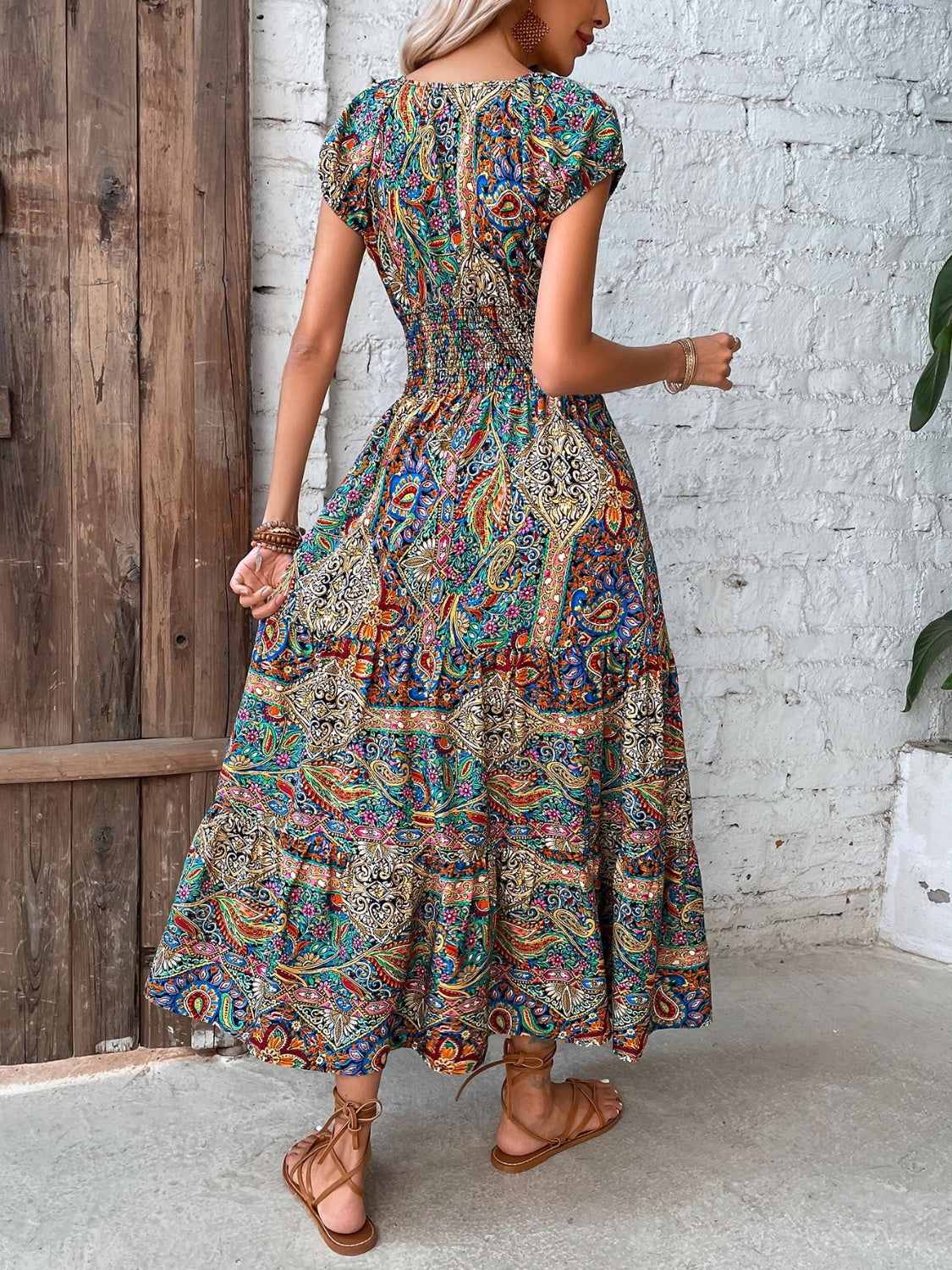 Smocked Printed Cap Sleeve Midi Dress himalipasal