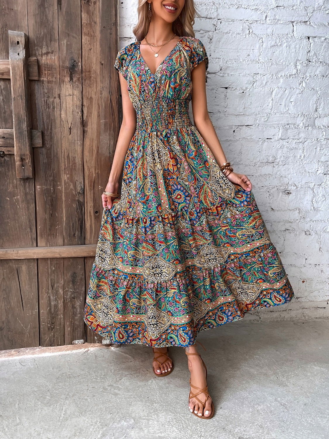 Smocked Printed Cap Sleeve Midi Dress himalipasal